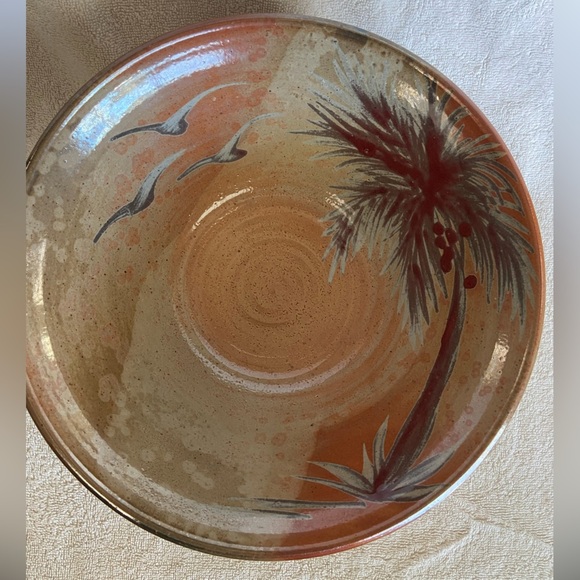 Studio Pottery Large Hand Thrown Bowl Tropical Palm Trees Bird Mixing Decor - Picture 1 of 10